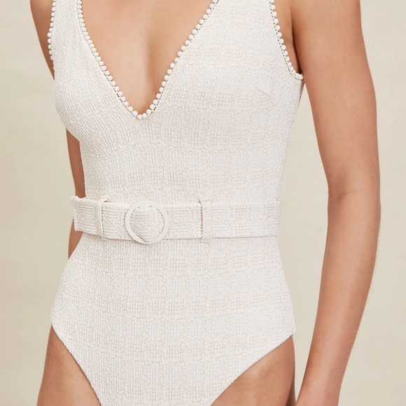 Devin Windsor Dixie Full Piece Cream Tweed Textured Swimsuit with Belt